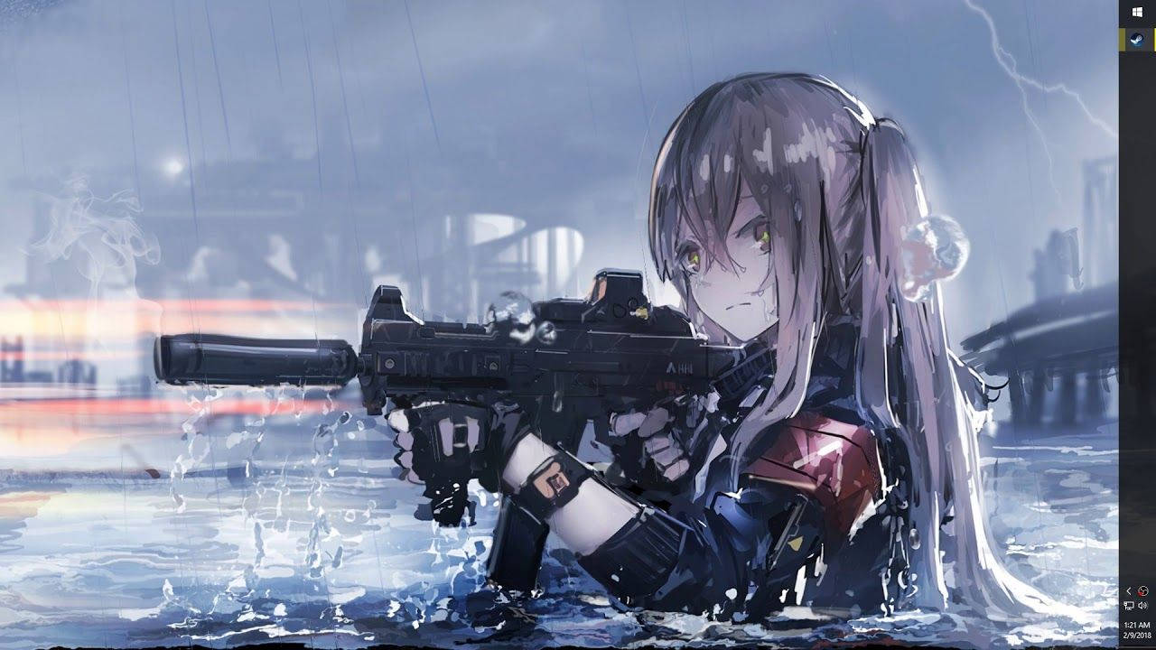 動漫女孩在雨中，在淹水的城市環境中手持步槍