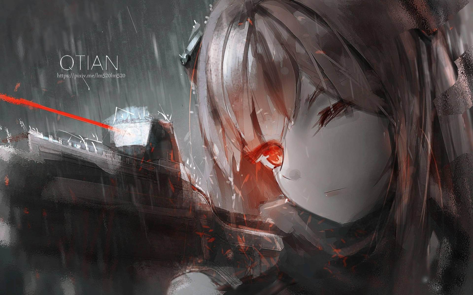 動漫女孩紅眼睛在雨中小巷與紅色激光束
