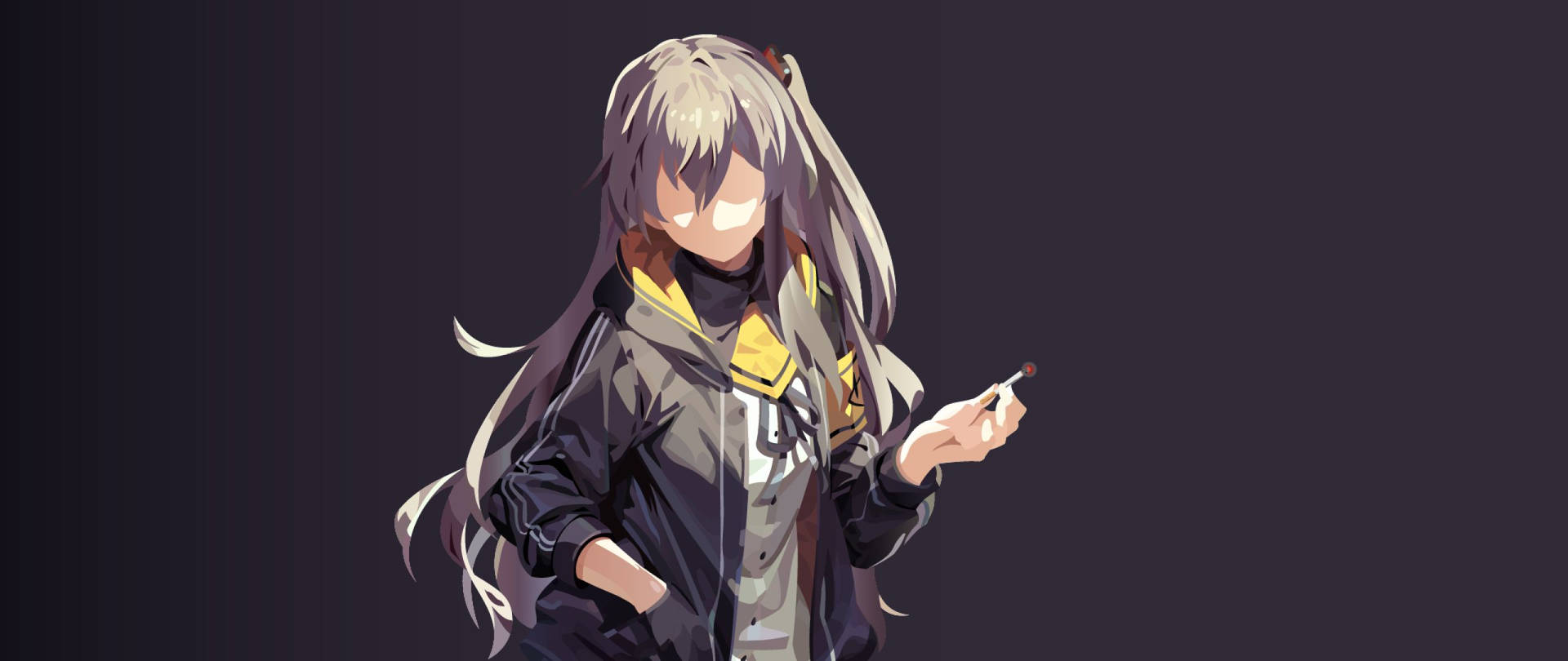 動漫女孩，銀色頭髮，穿著深色連帽衫，拿著一支筆。
