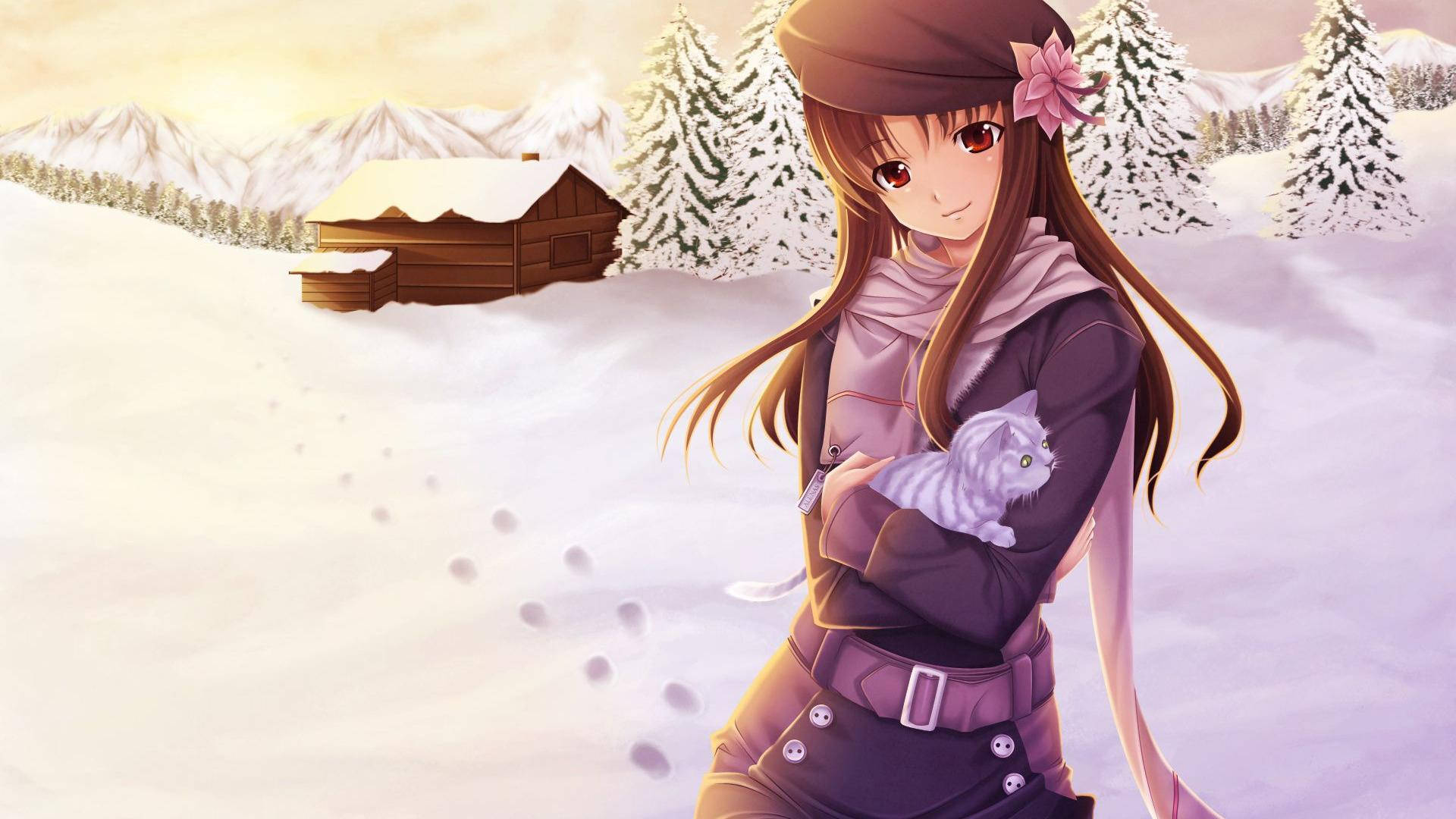 少女卡通冬季背景 壁紙 — 一位年輕的動漫女孩穿著冬季裝備，在雪覆蓋的小屋旁抱著一隻白貓，周圍有松樹和遠山，天空柔和金黃。