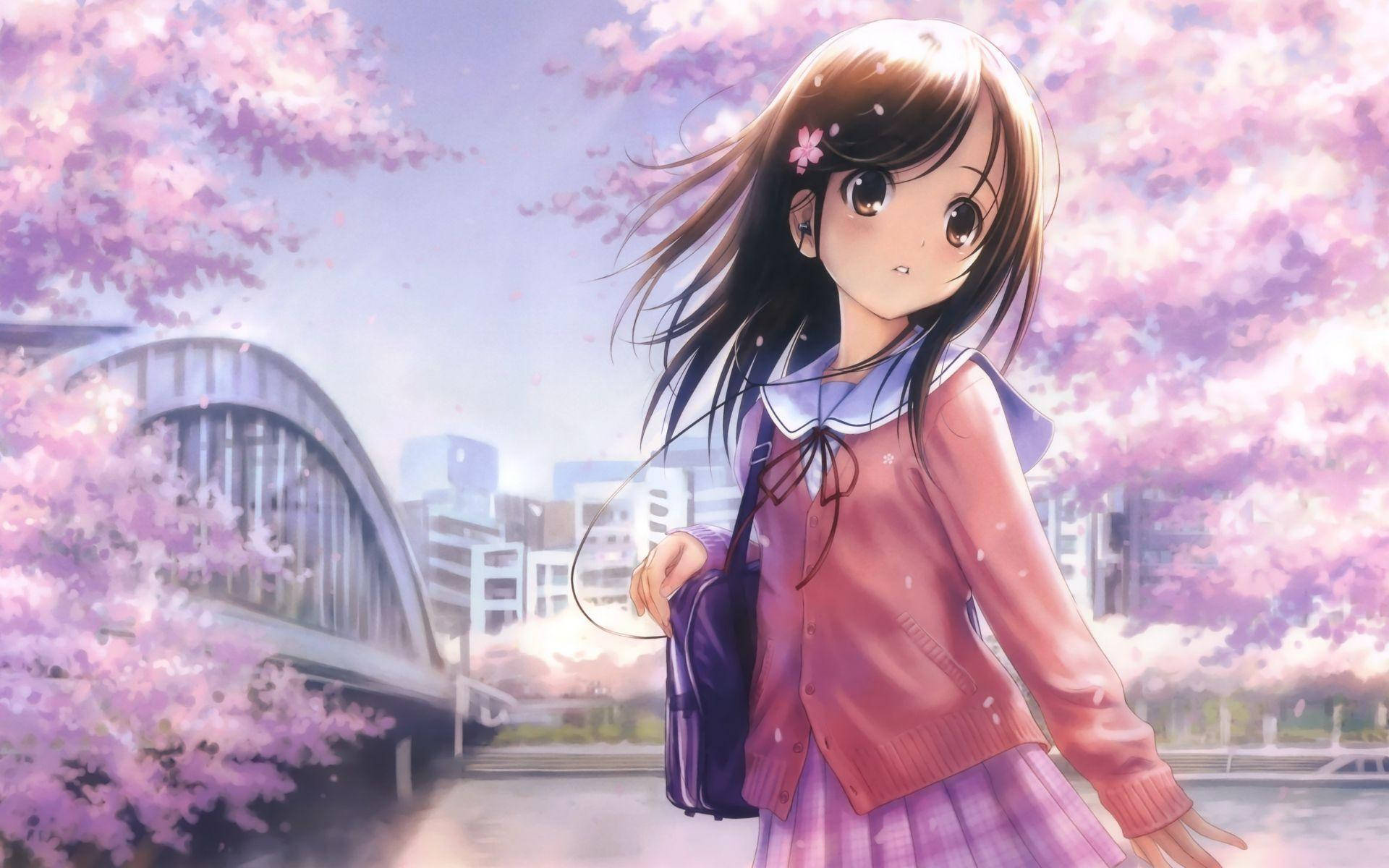 少女卡通動漫風 壁紙 — 一位穿著粉紅色校服的年輕動漫女孩站在盛開的櫻花下，背景是一座現代橋樑。