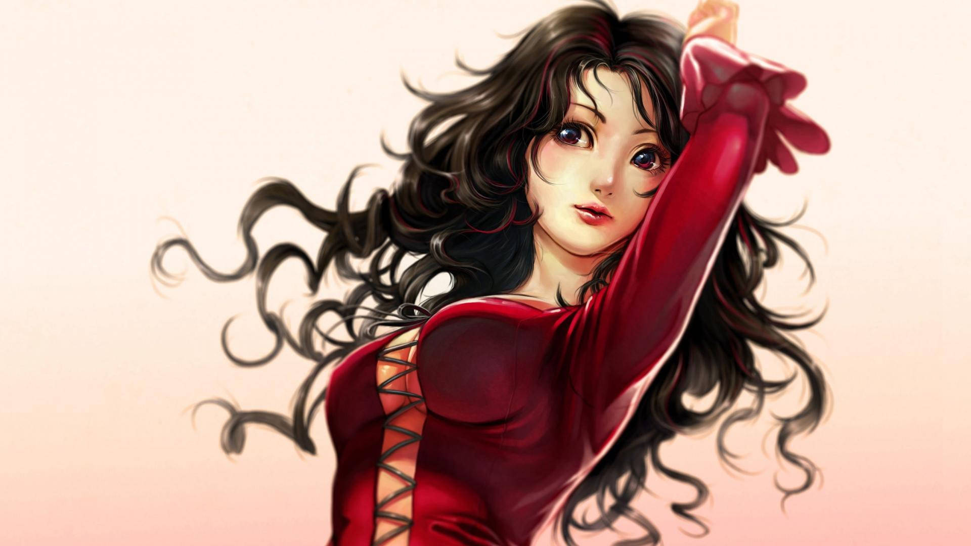 少女卡通弗拉明戈舞者 壁紙 — 一位優雅的動漫女性，擁有飄逸的黑髮和紅色服裝，在柔和的粉紅色漸變背景前擺出動態姿勢。