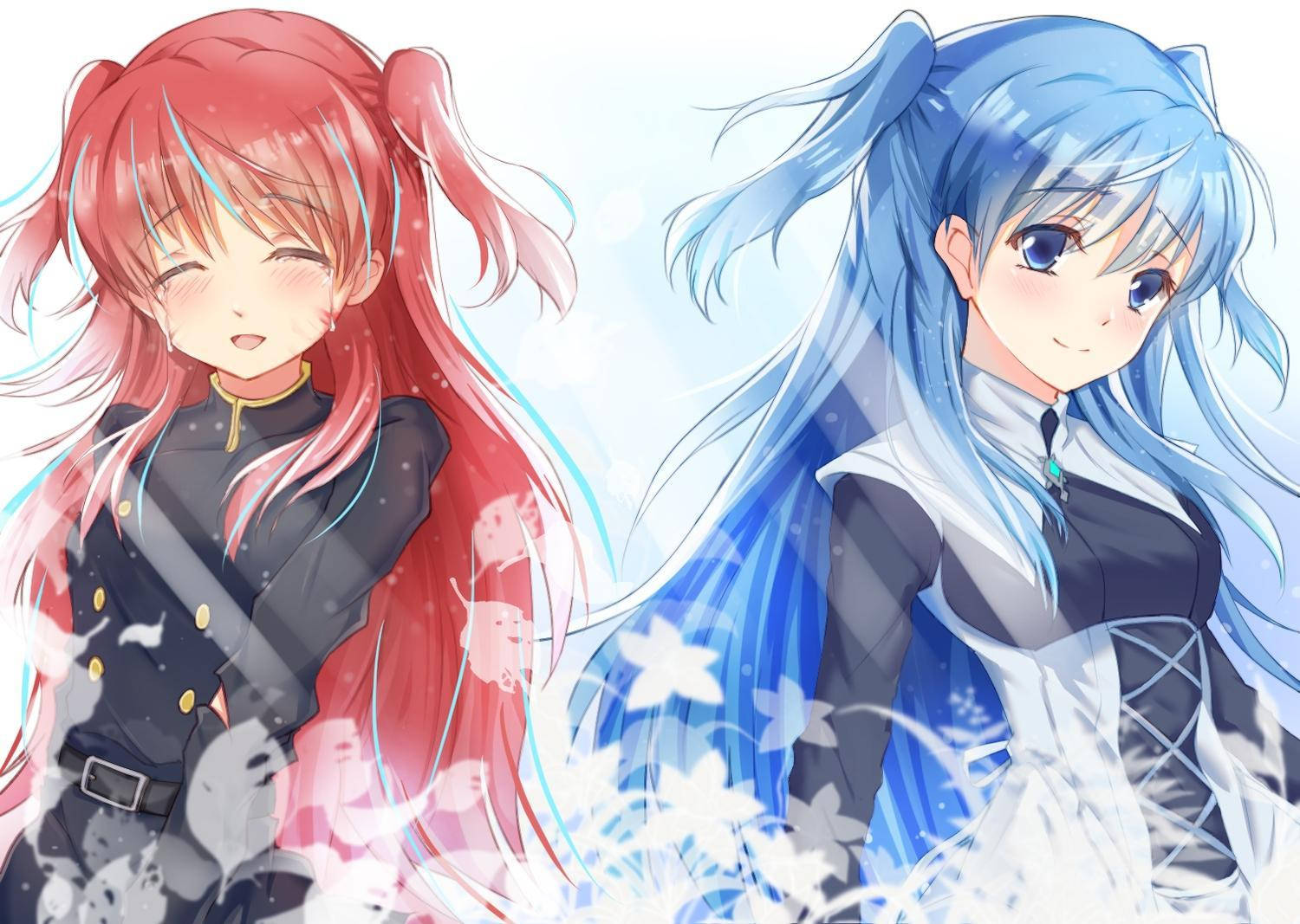 少女卡通精靈 壁紙 — 兩個動漫女孩，一頭紅髮一頭藍髮，在柔和淺色背景中漂浮的白花間溫柔微笑。