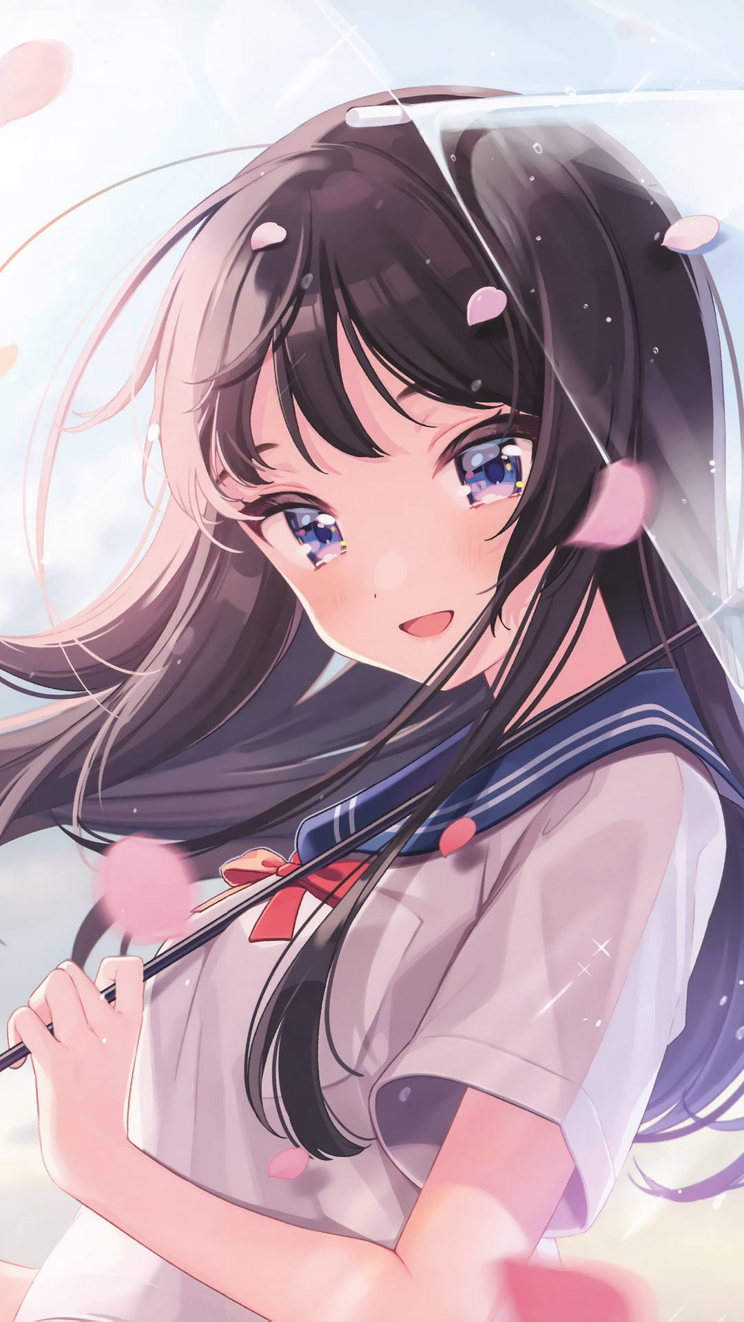 穿校服的動畫女孩在櫻花下拿著雨傘