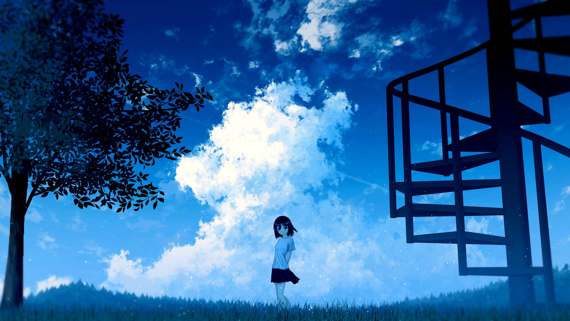 動漫女孩站在田野中，藍天白雲，樹和金屬塔 — 動漫女孩 壁紙