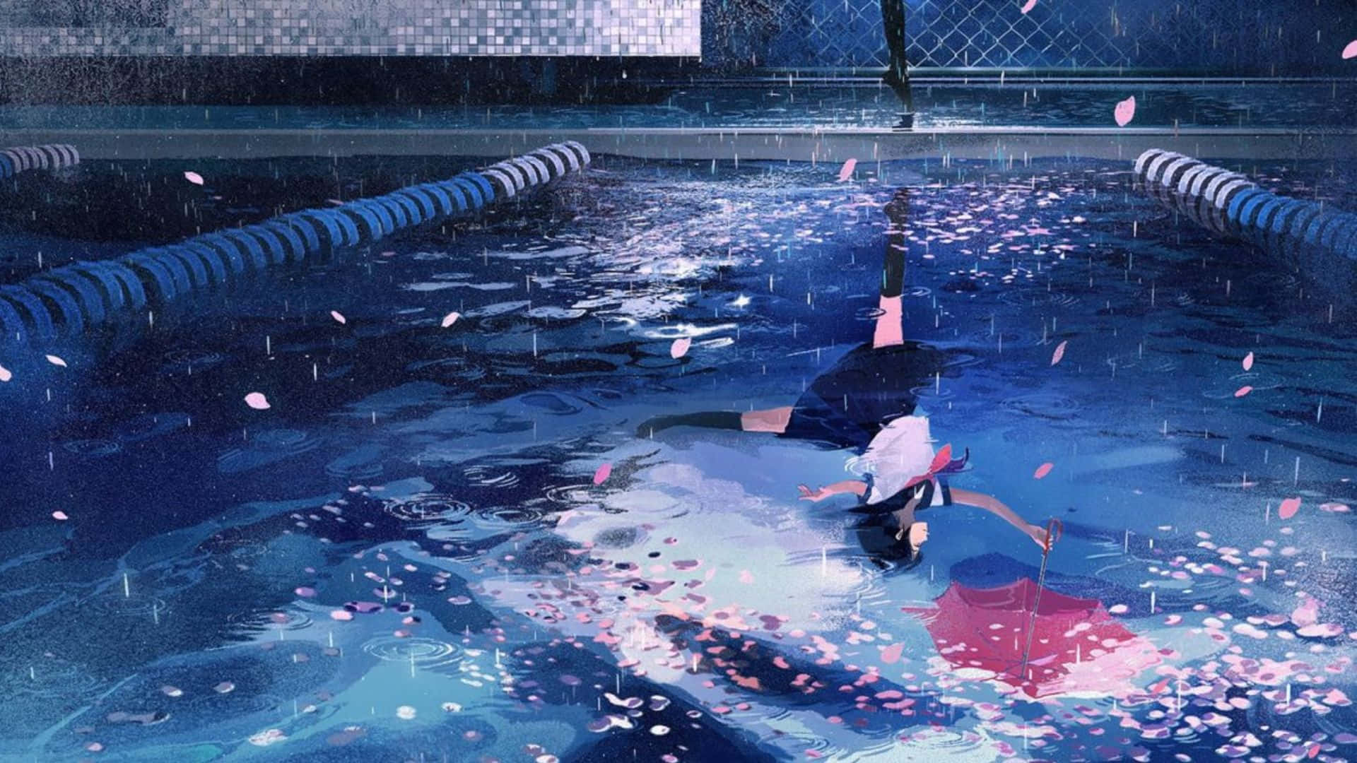 少女夢想中的雨中漫步 壁紙 — 一個孤獨的身影漂浮在雨浸的泳池中，粉紅色的花瓣在憂鬱的藍天下在水面上漂流。