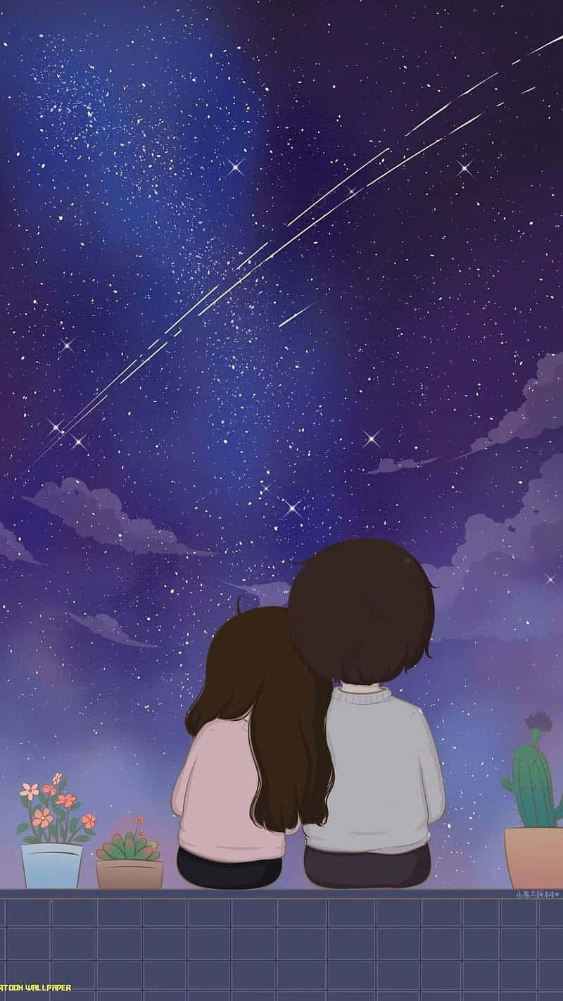 兩個人坐喺一齊睇有流星嘅星空。