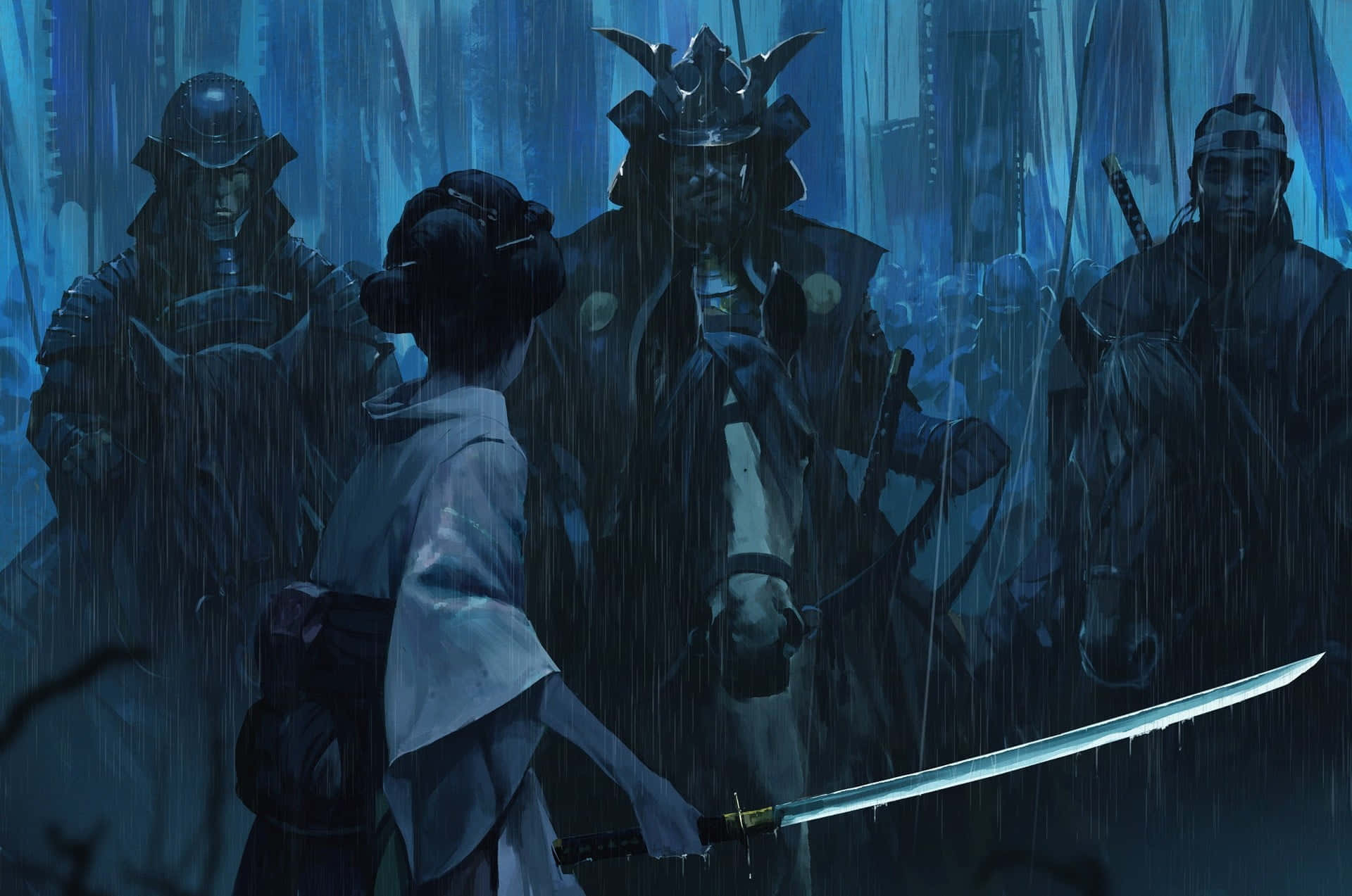持刀女武士在雨林中面對裝甲戰士。