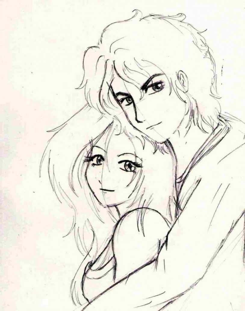 動漫風格素描中男女之間的溫柔擁抱。