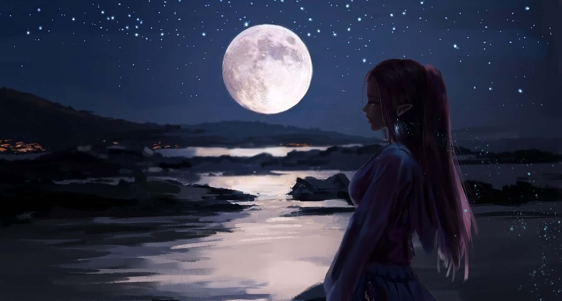少女與月亮星空背景 壁紙 — 一個孤獨的長髮動漫女孩站在月光下的海岸線，在繁星點點的夜空下凝視著巨大的滿月。