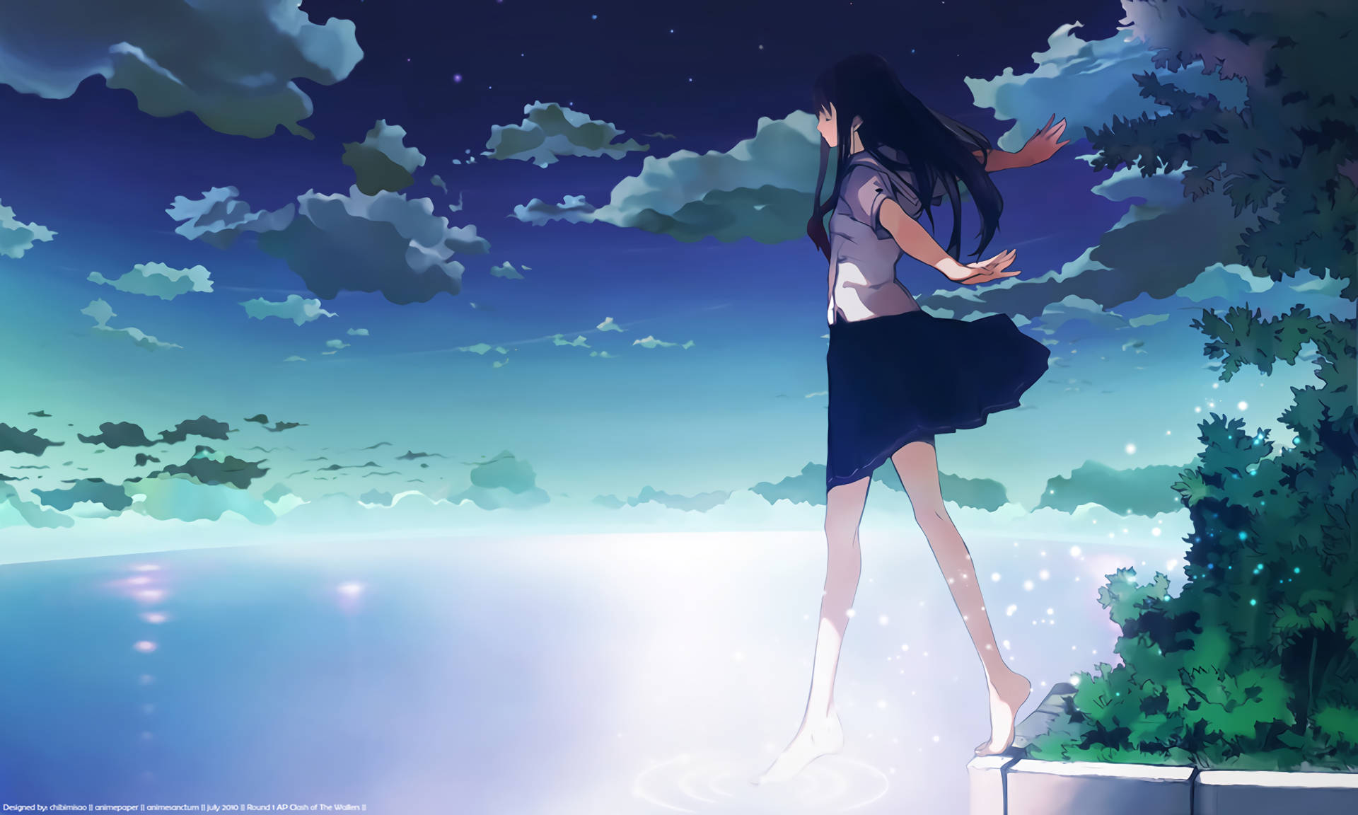 動漫女孩赤腳站在發光的壁架上，在繁星點點的暮色天空下，有浮雲和閃爍的粒子。
