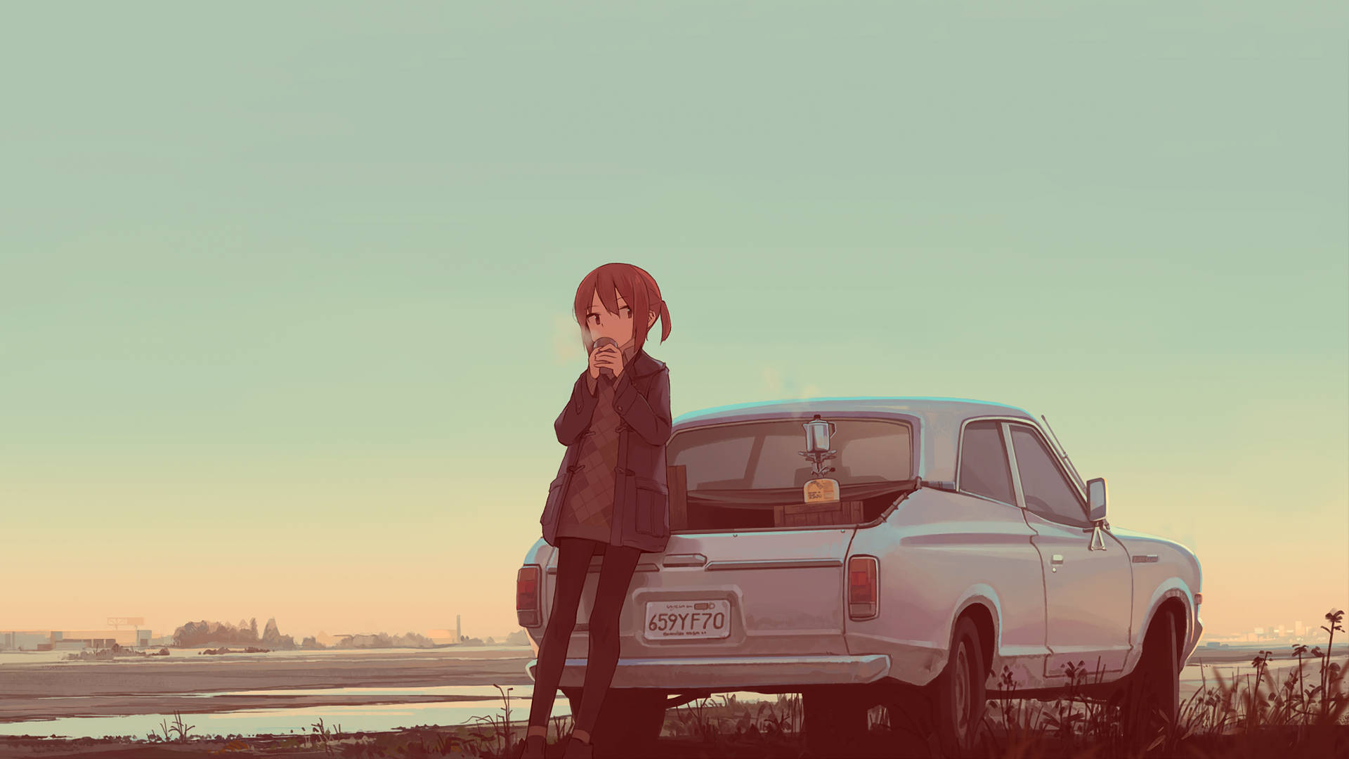 動漫女孩站在復古汽車旁日落