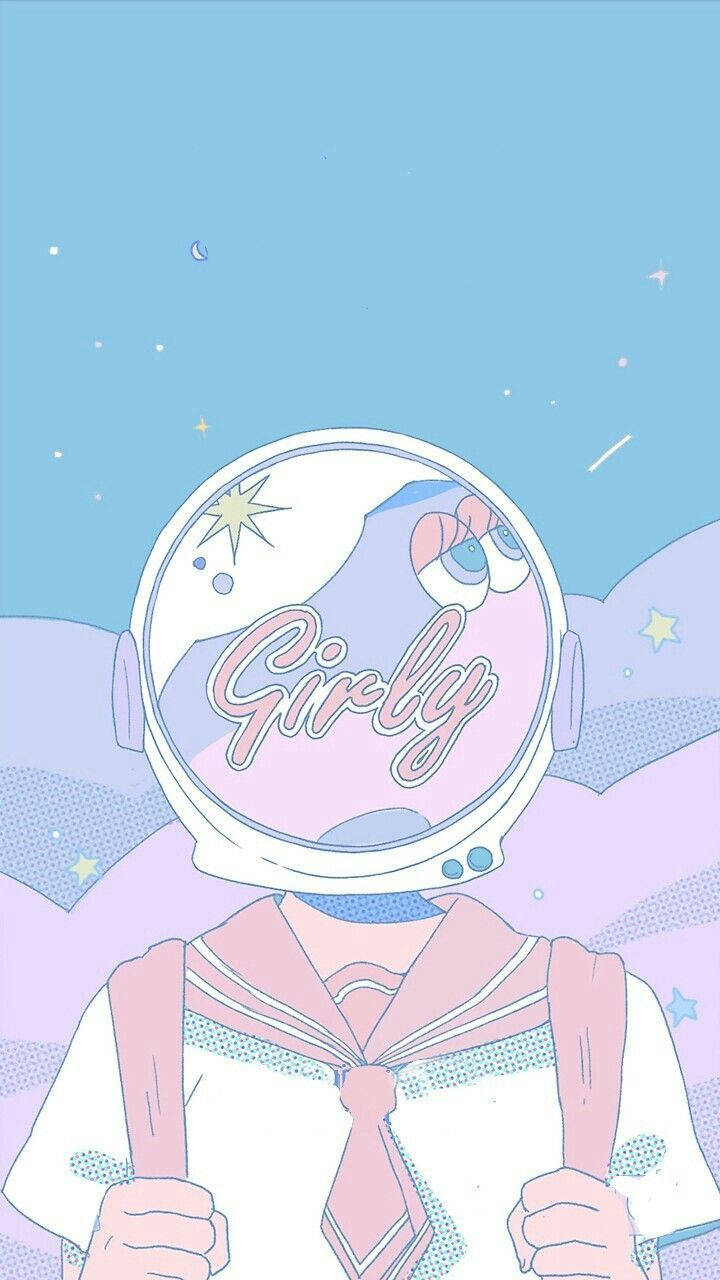 少女風格藍色柔霧風 壁紙 — 一個可愛的動漫女孩，穿著粉紅色水手服和太空人頭盔，面罩上寫著「Girly」，背景是粉彩星空。