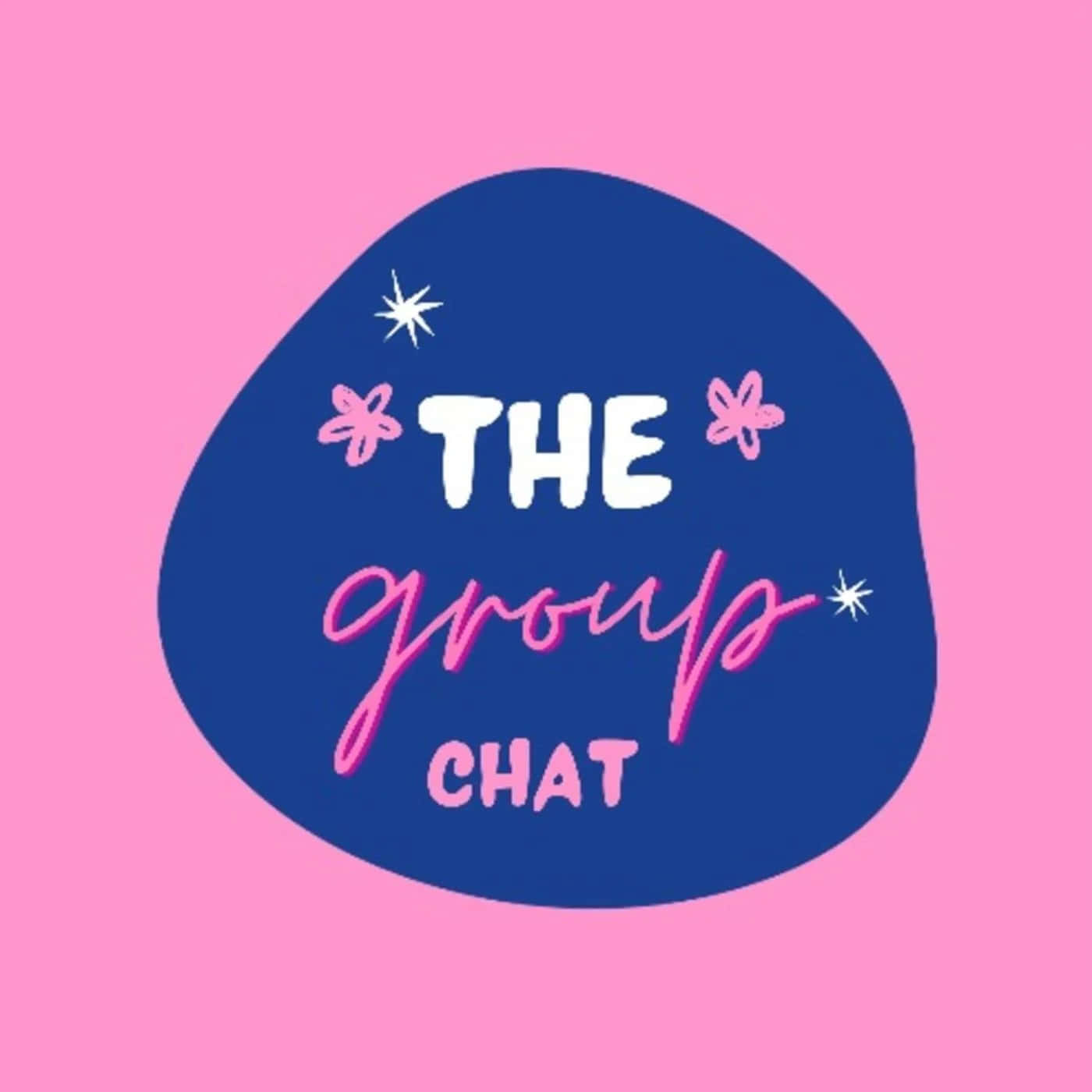 一個粉紅色和藍色的圖形設計，用於「THE group CHAT」，帶有裝飾元素。
