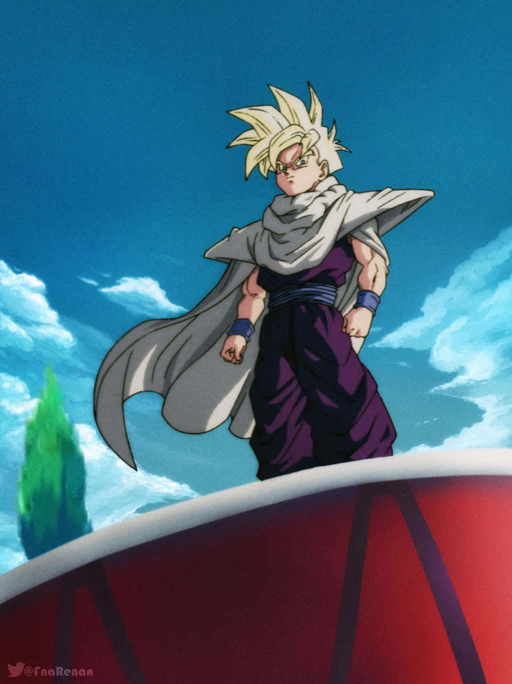 少年 Gohan 白色披風 壁紙 — 一個刺蝟頭髮的動漫戰士，身穿紫色道服和白色斗篷，站在紅色結構上，背景是晴朗的藍天和蓬鬆的白雲。