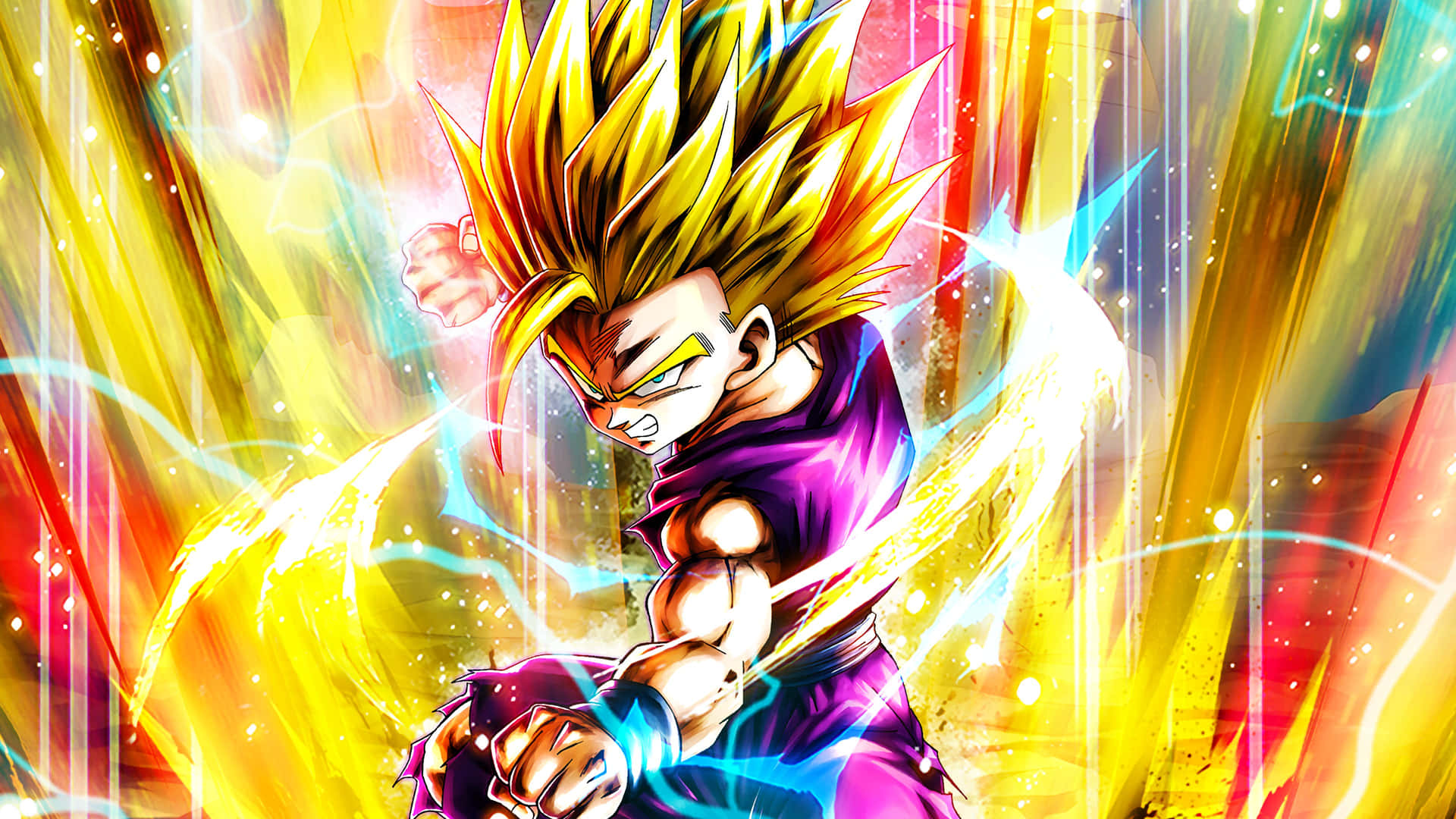 少年 Gohan 色彩抽象畫 壁紙 — 一個強大的動漫角色，擁有尖刺的金色頭髮和發光的氣場，在充滿活力的能量背景中擺出動態的戰鬥姿勢。
