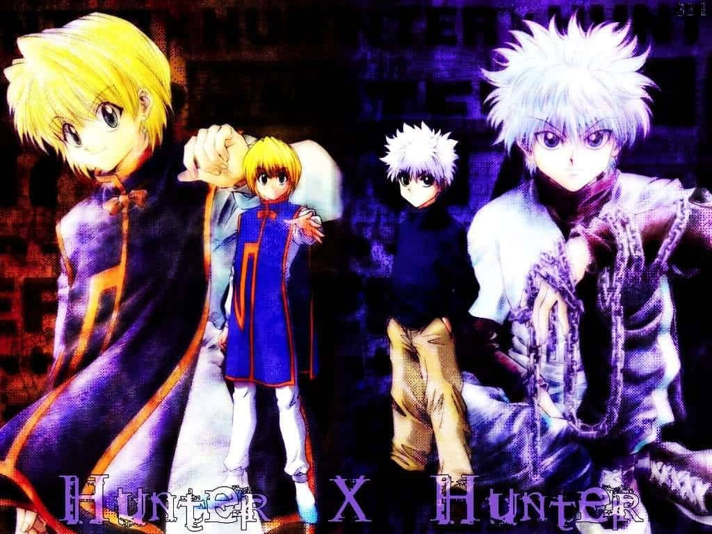 少年 Gon 勇闖戰場 壁紙 — 四個來自《Hunter X Hunter》的動漫角色站在一個風格化的紫色和橙色場景中，帶有戲劇性的燈光。