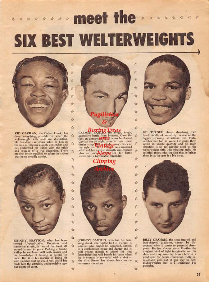 1950年代復古雜誌頁面，突出六位黑人次中量級拳擊手，附有文字描述。