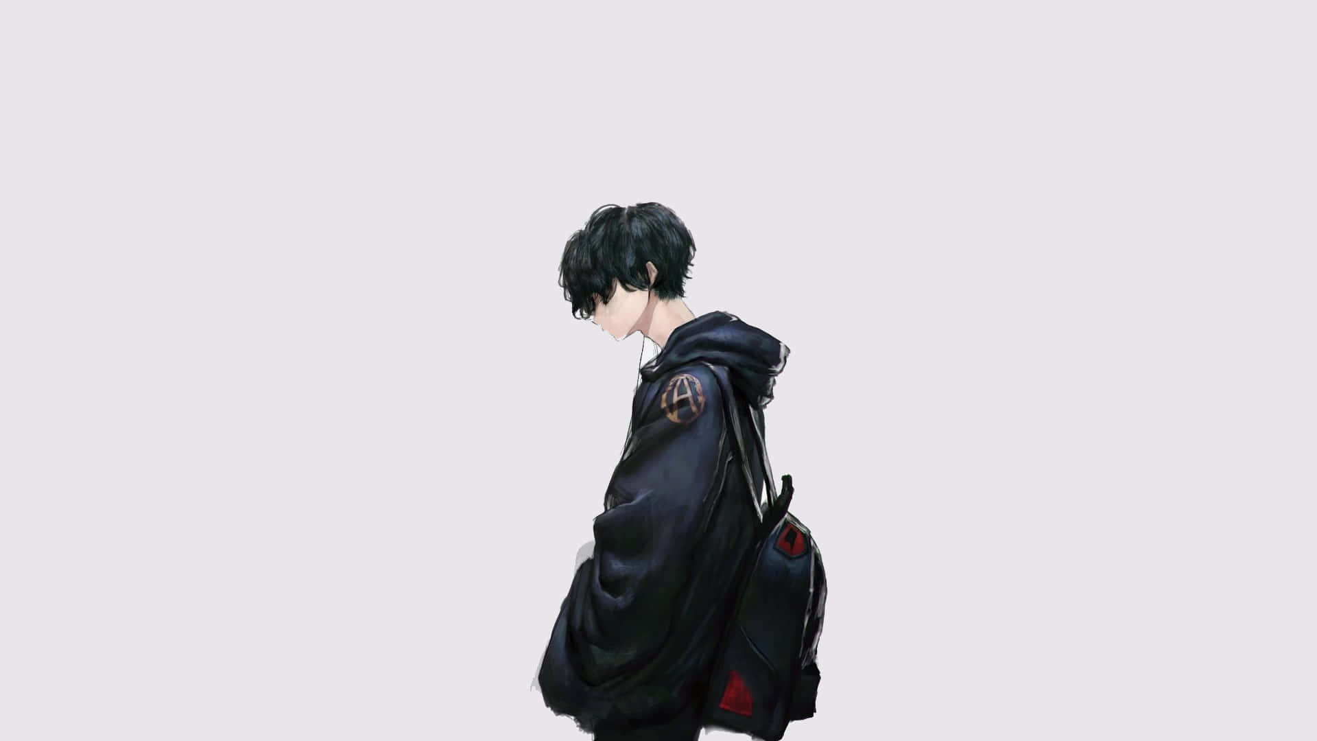 動漫少年穿黑色連帽衫和背包，側身站在灰色背景前。
