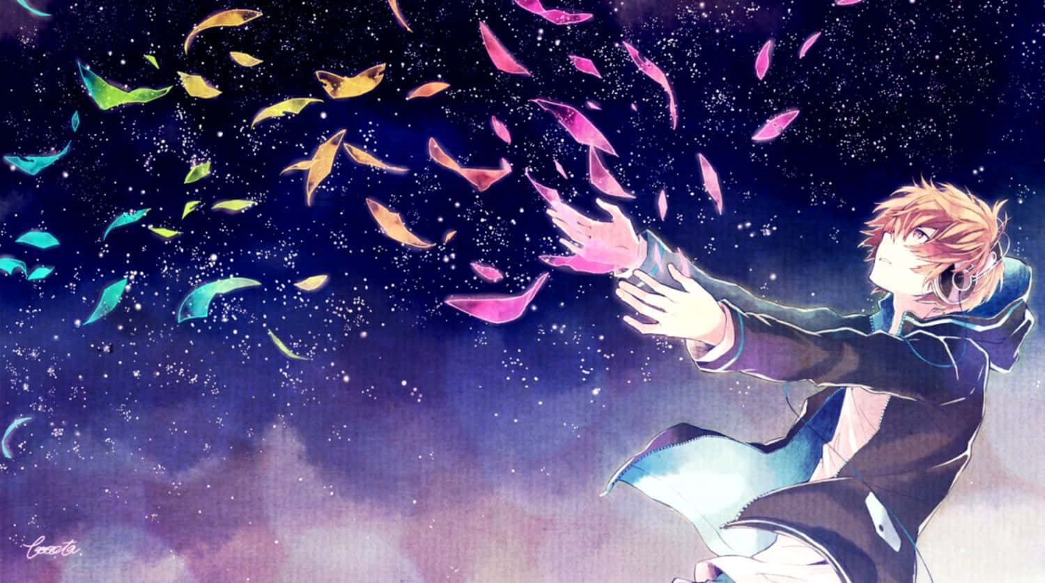 少年動漫風格的迷人特寫 壁紙 — 一個年輕的動漫男孩在星空下向著充滿彩色發光魚和飄落花瓣的天空伸出手。