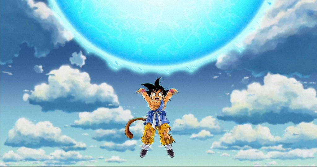 年輕的撒亞人戰士在多雲的天空中飛過一個巨大的藍色星球。
