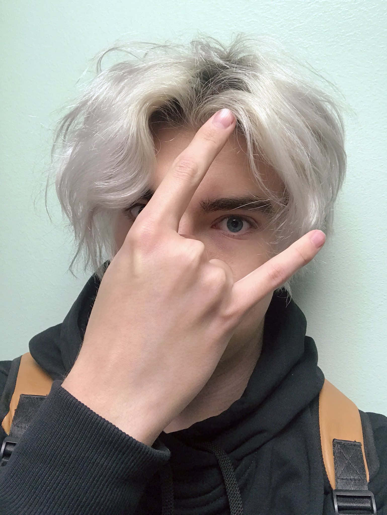 少年悠然白日夢 壁紙 — 一位銀髮人士對著鏡頭做出和平手勢，背景是淺綠色牆壁。