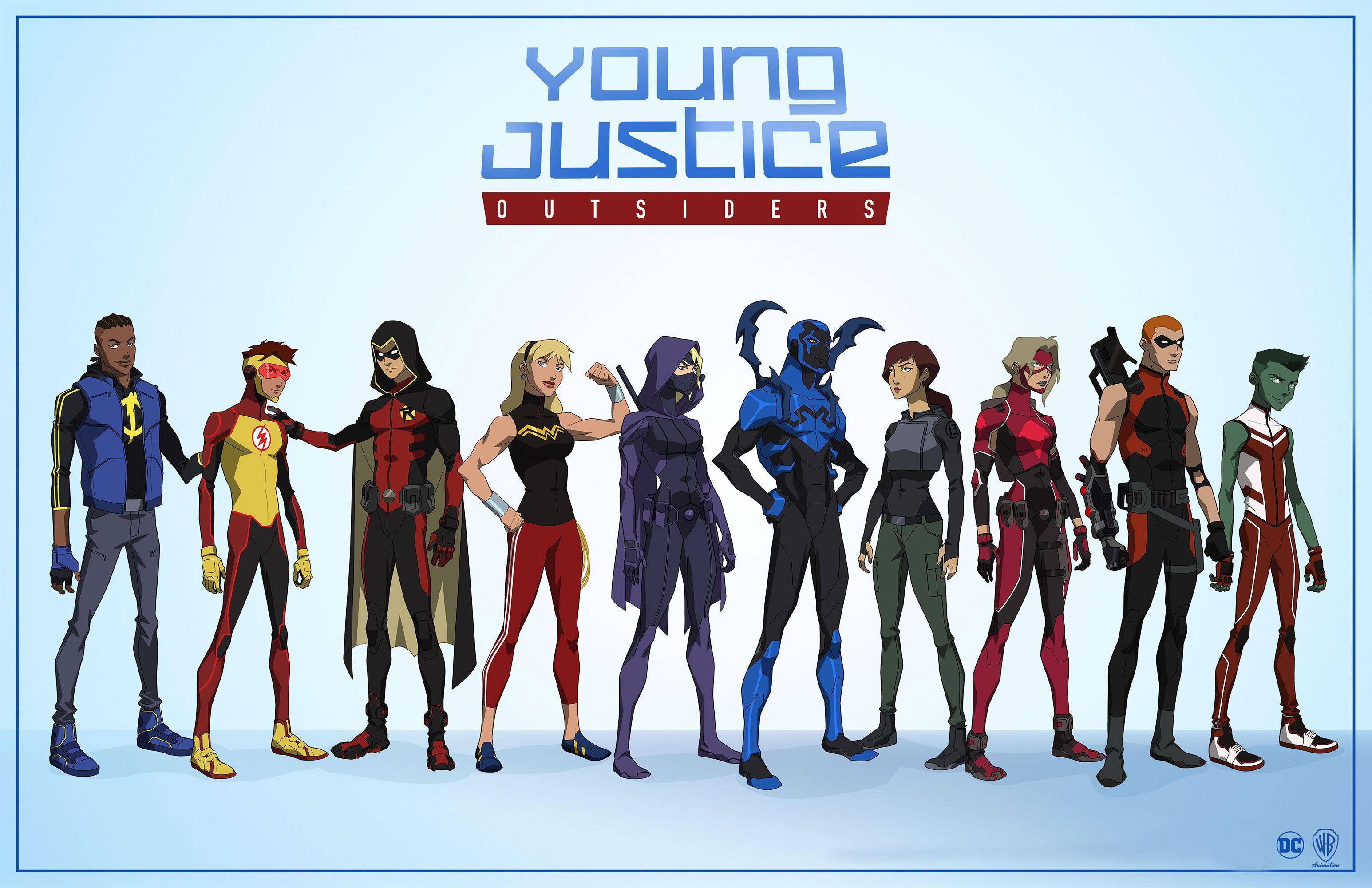 《少年正義：局外人》海報 壁紙 — 九位 Young Justice Outsiders 動畫超級英雄身穿色彩繽紛的服裝，站在淺藍色背景前。