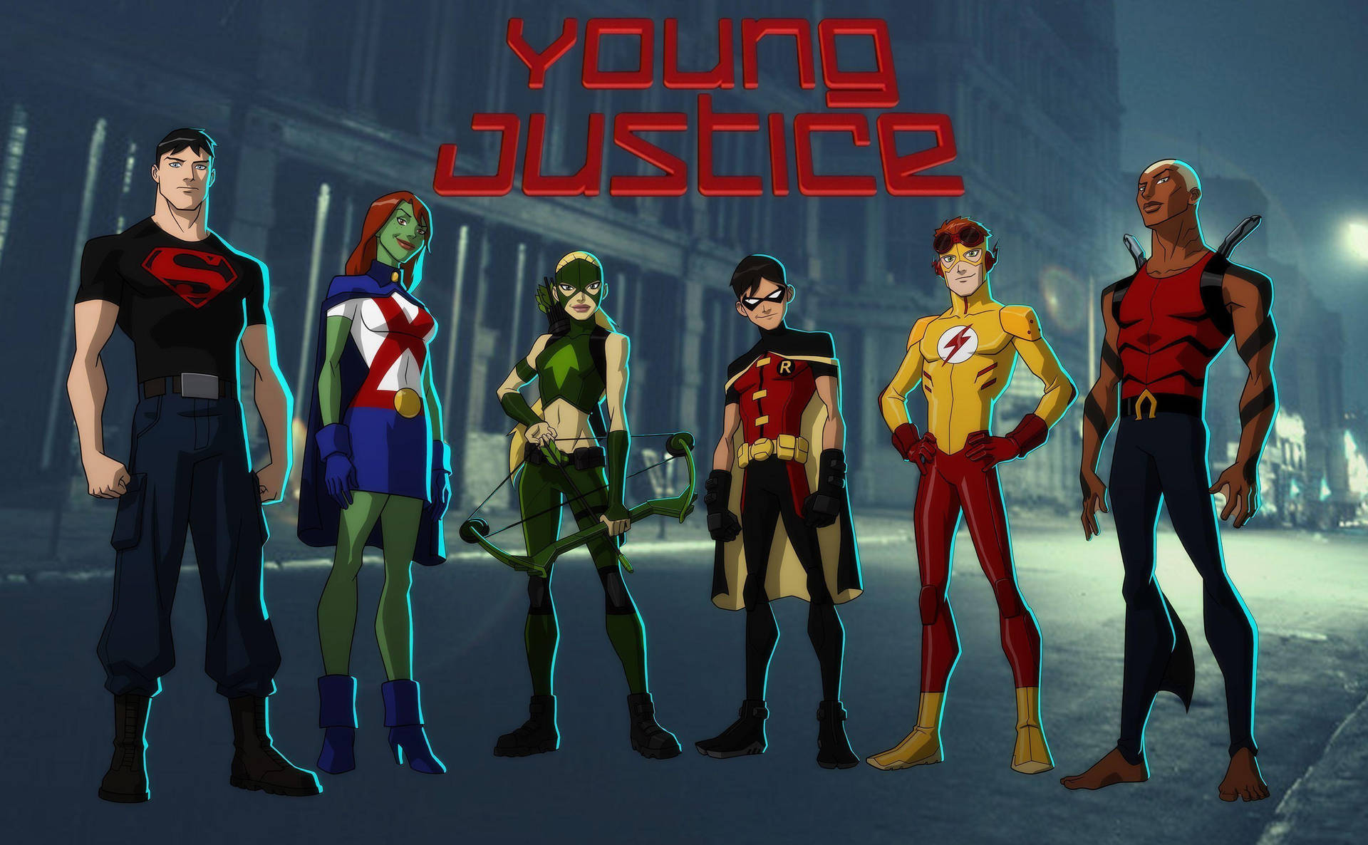 Young Justice 超級英雄團隊夜晚站在霓虹燈照亮的小巷中。