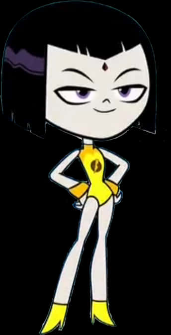 少年正義聯盟：魔女穿黃色服裝 壁紙 — 一個風格化的動漫女孩，黑色鮑伯頭和紫色眼睛，穿著黃色服裝自信地站在黑色背景前。