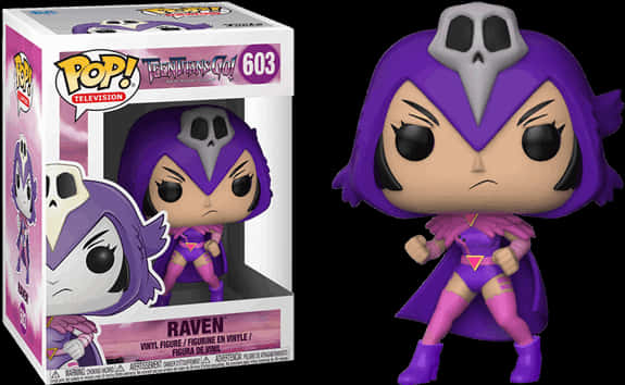 少年正義聯盟Go！蕾恩Funko Pop公仔 壁紙 — 一個紫色頭髮的Raven Funko Pop! 乙烯基人偶站在她的盒裝包裝旁邊，背景為黑色。