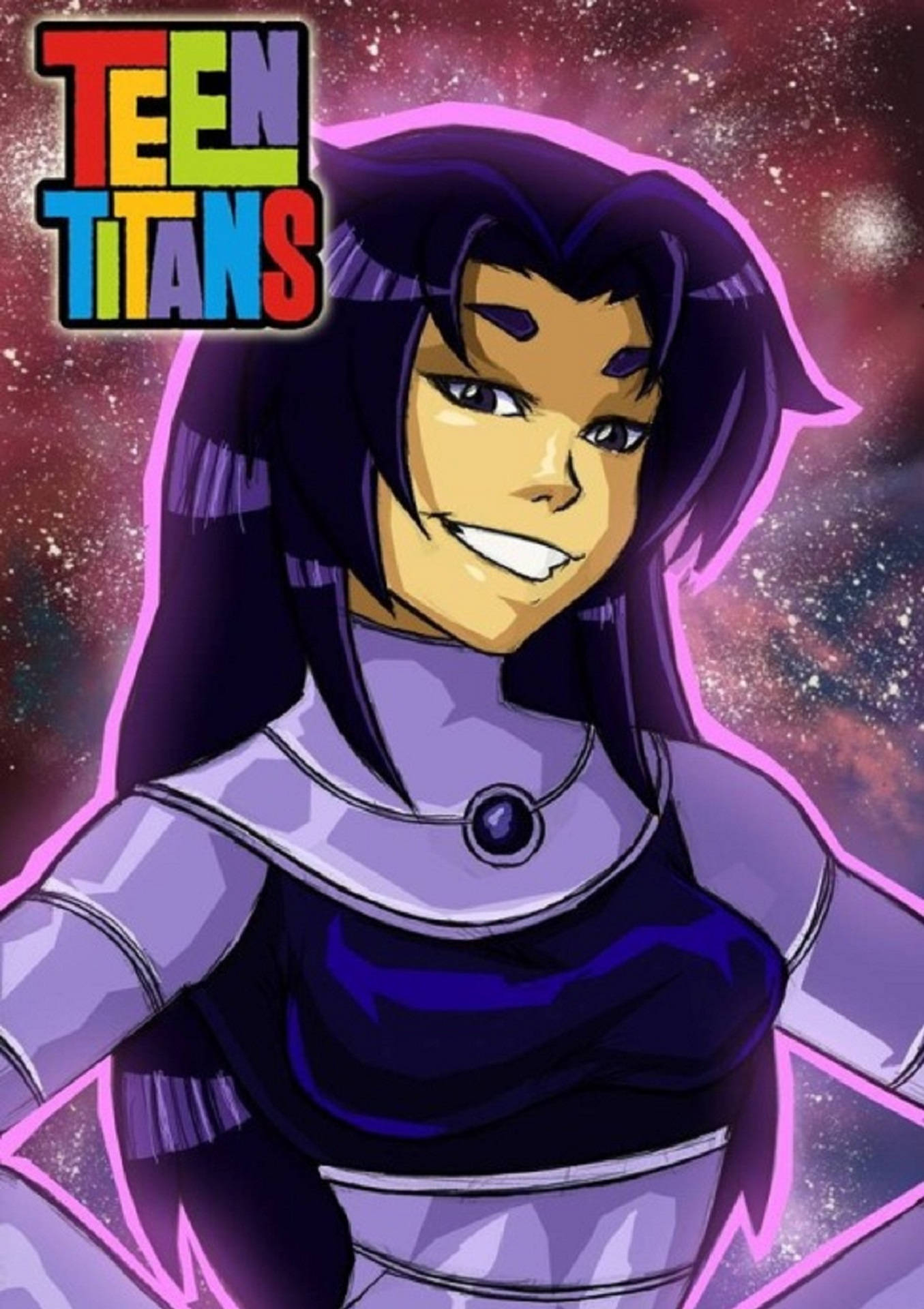 擁有紫色頭髮和盔甲的 Teen Titans 角色在太空中微笑