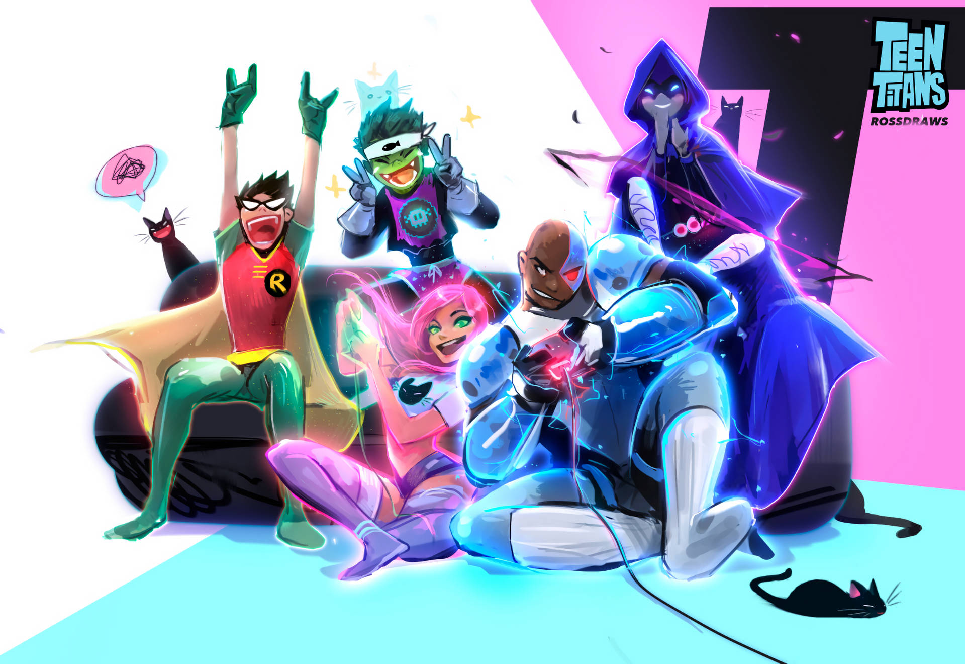Teen Titans 超級英雄以色彩繽紛的姿勢，周圍有發光效果和貓咪。