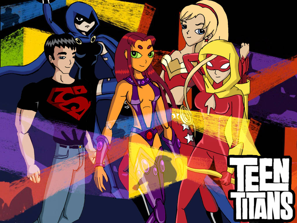 Teen Titans 超級英雄團隊以色彩繽紛的動畫風格呈現，具有鮮明的輪廓和生動的色彩。