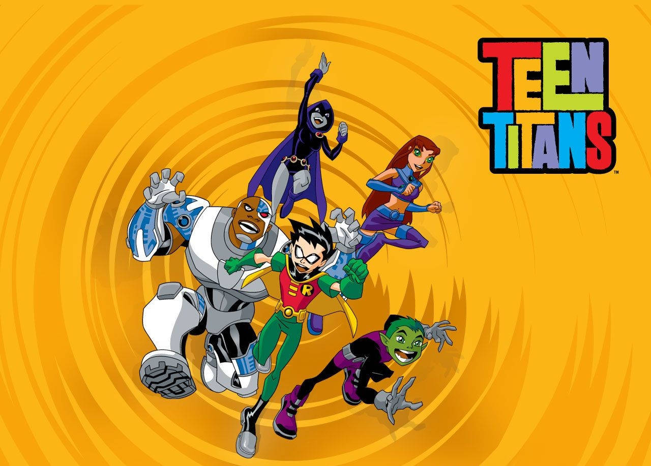 五位 Teen Titans 角色在旋轉的橙色背景上擺出動作姿勢。