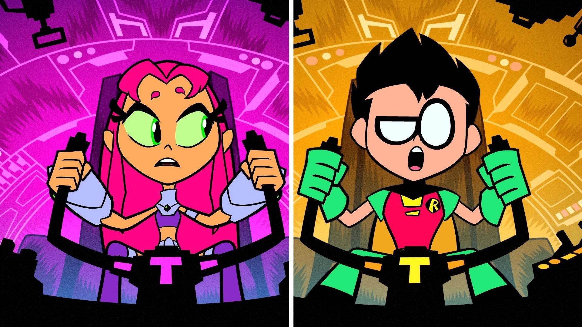 兩個 Teen Titans 角色在駕駛艙座位上緊握控制裝置，表情驚訝。