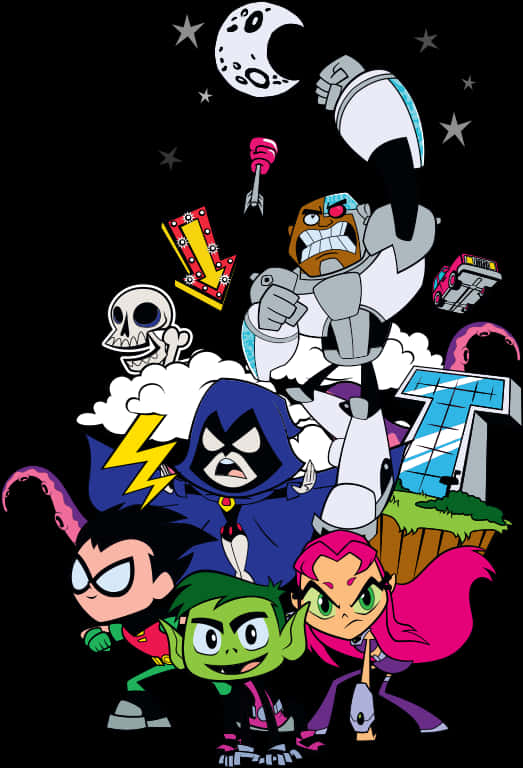 少年正義聯盟角色集體造型 壁紙 — Teen Titans 角色以動感姿勢，背景係繁星夜空，有彎月同漂浮道具。