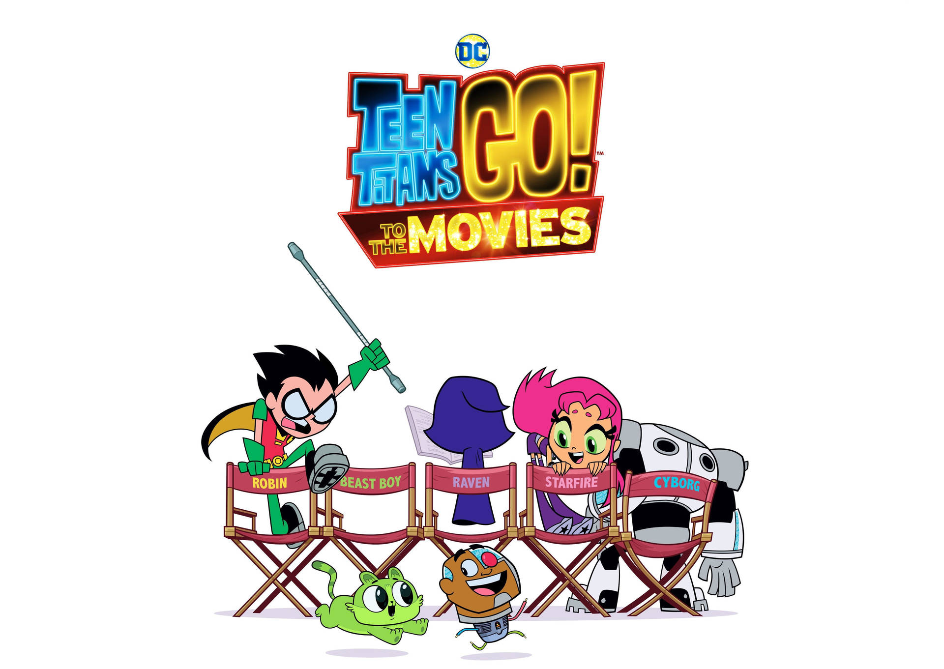 Teen Titans Go 角色坐在導演椅上，為電影場景做準備。