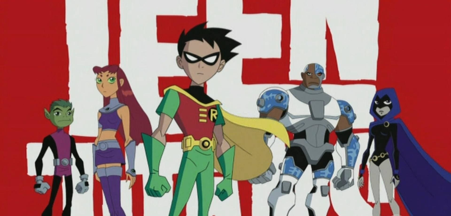Teen Titans 超級英雄團隊穿著色彩繽紛的服裝英勇地擺姿勢。