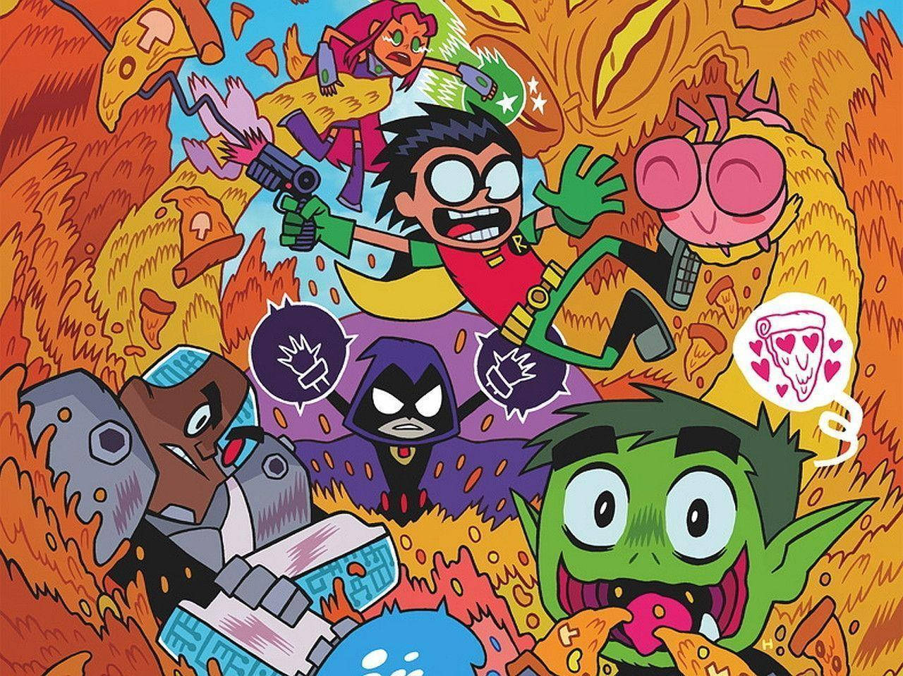 Teen Titans 角色在混亂的薄餅主題漫畫場景中。