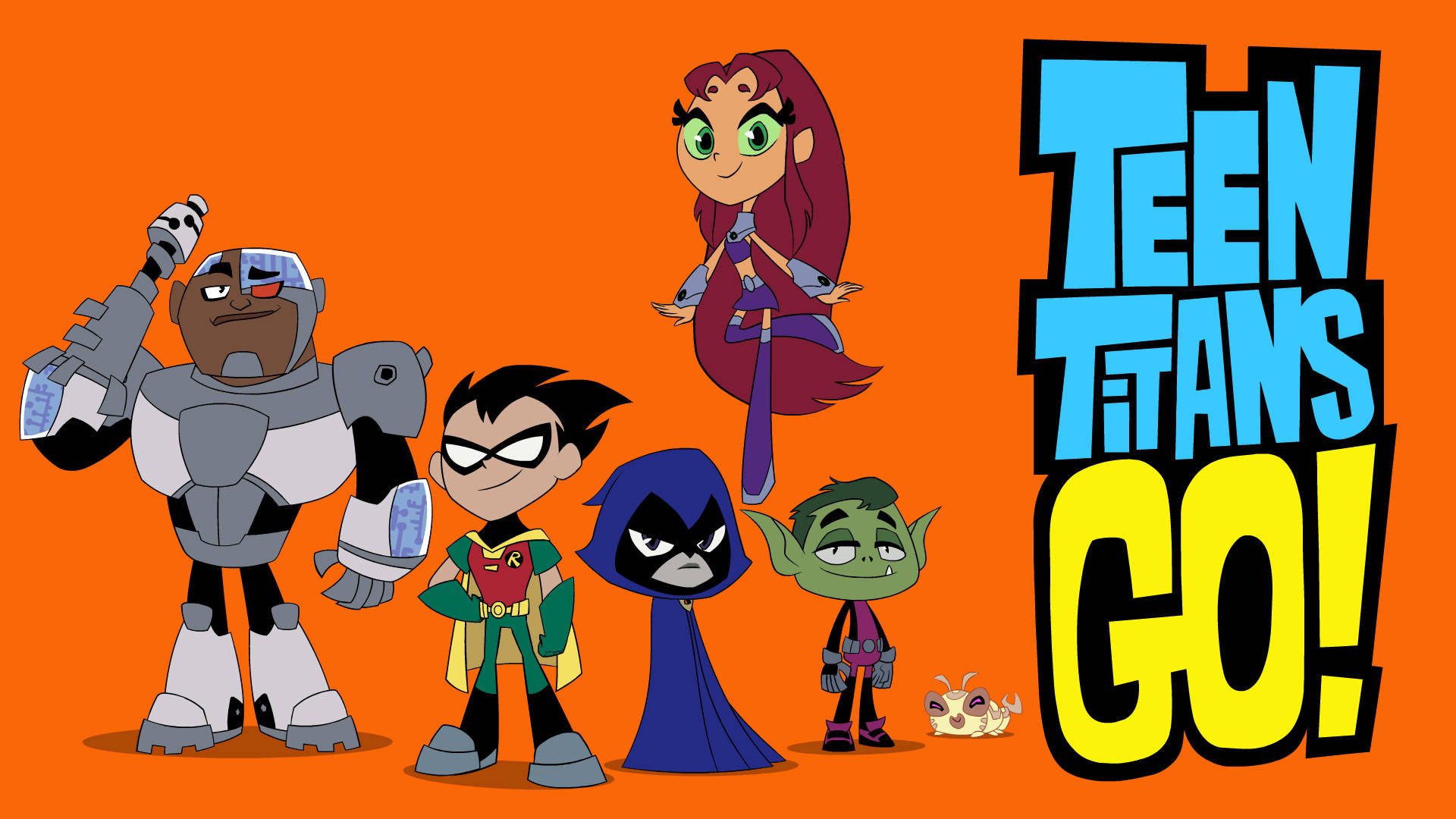 少年泰坦衝動卡通頻道角色 壁紙 — Teen Titans Go! 角色自信地站在大膽的橙色背景前，節目標題以鮮豔的藍色和黃色呈現。