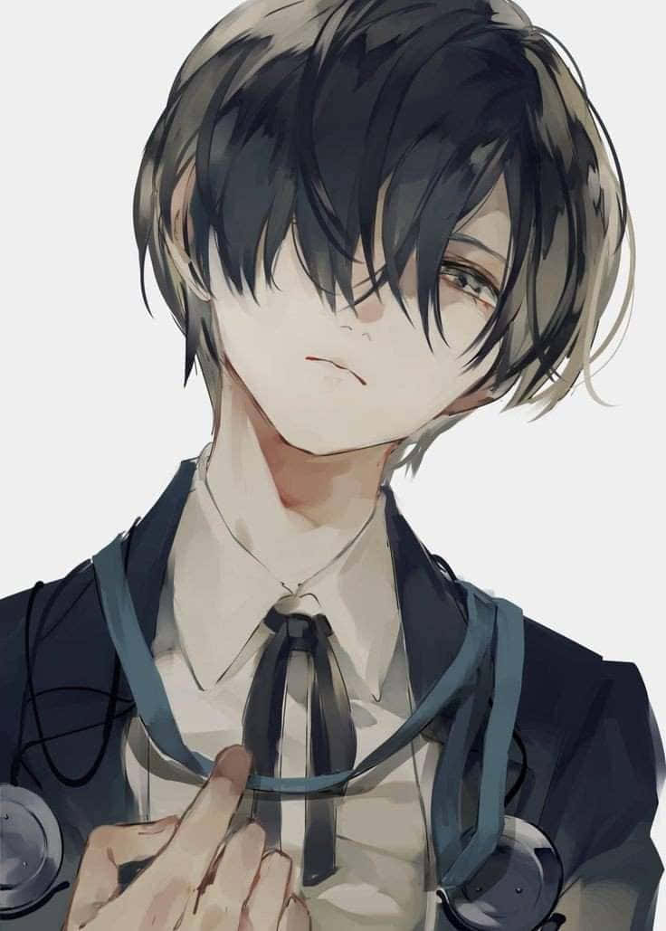 少年目光投向下一場冒險 壁紙 — 一個憂鬱的動漫男孩，深色頭髮，戴著聽診器，低垂著目光，表情陰沉。