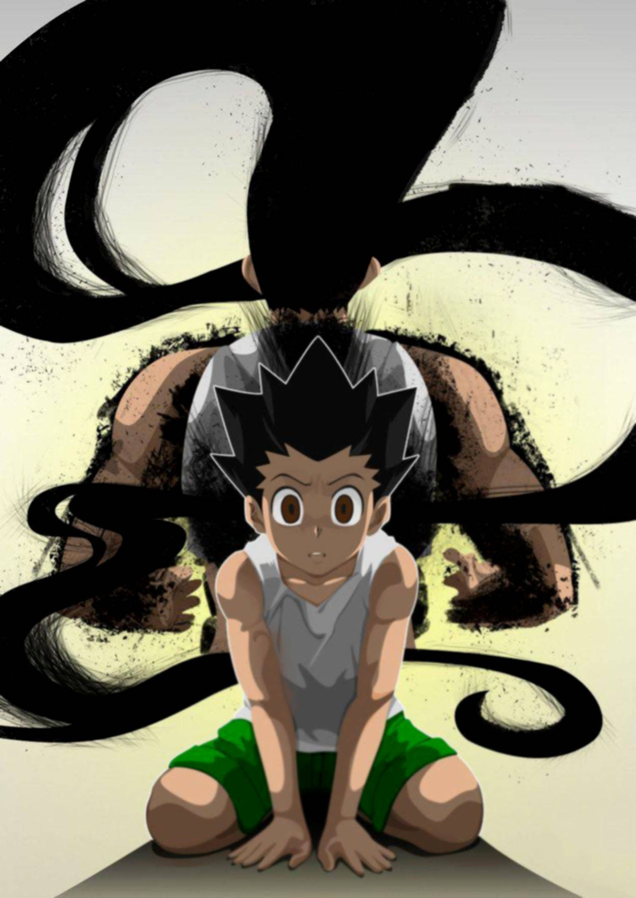 年輕的動漫男孩跪在一個有黑髮的巨大陰影人物面前。
