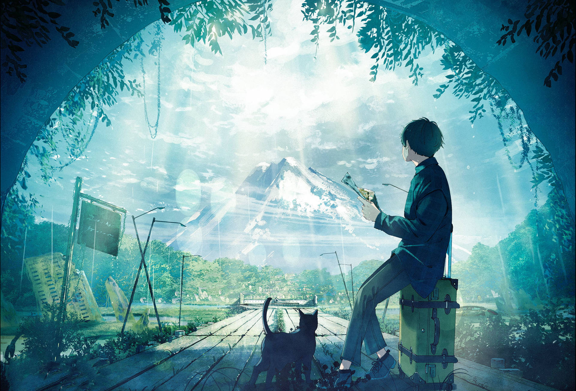 一位旅行者在樹葉拱門下與貓一起閱讀一本書，背景有山。