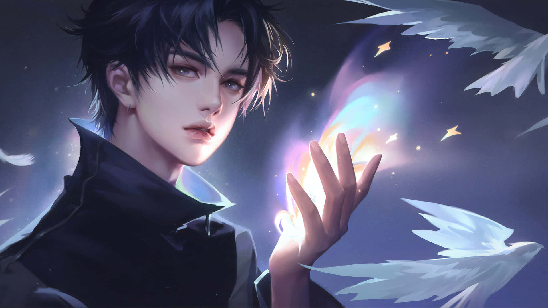 黑髮閃爍著光芒的動漫男子，握著一個發光的球體，白色翅膀在他周圍飄浮。