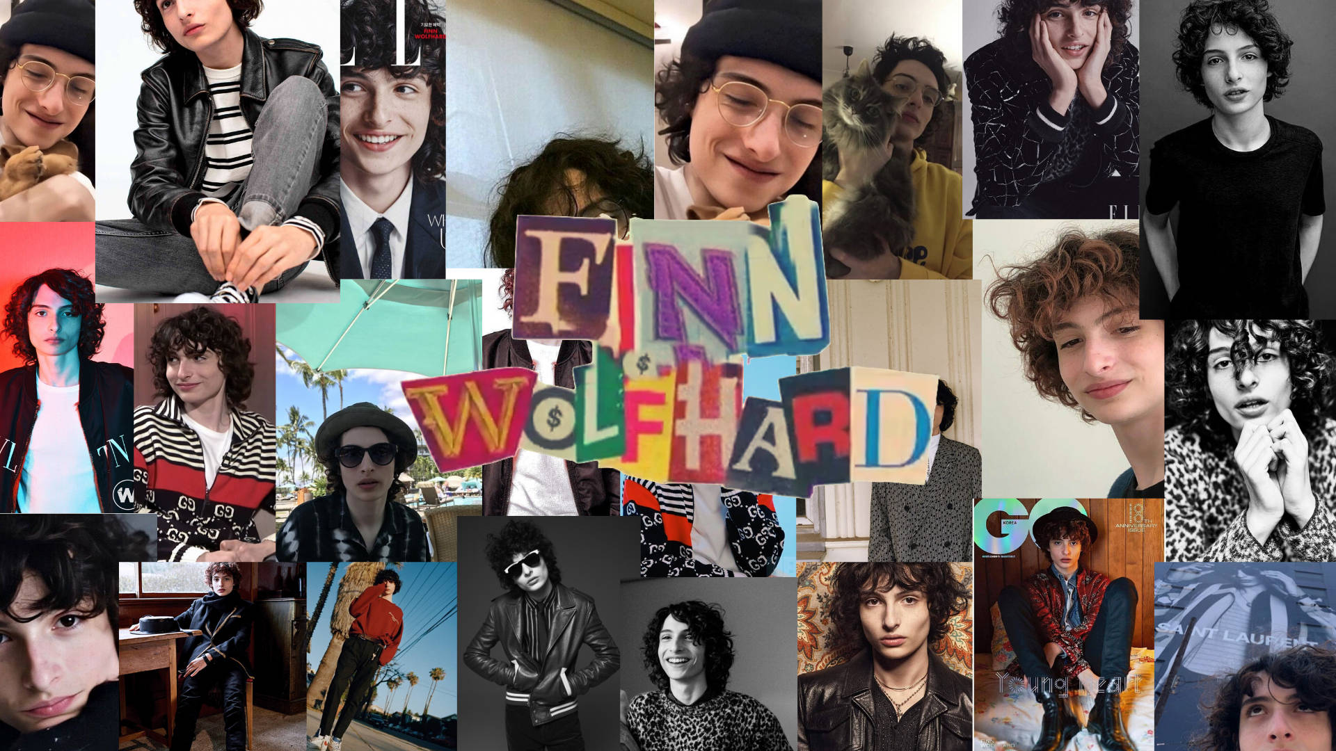 Finn Wolfhard 唔同服裝同姿勢嘅拼貼，用色彩繽紛嘅字母拼出佢個名。
