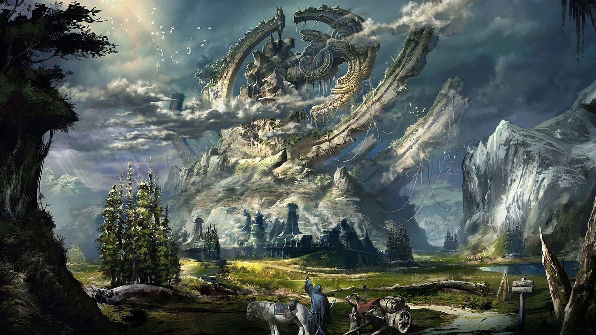 少年騎士學習奇幻藝術的奧秘 壁紙 — 一位孤獨的旅人坐在馬車上，仰望一座巨大、古老的龍形山結構，聳立在霧氣瀰漫的山谷之上。