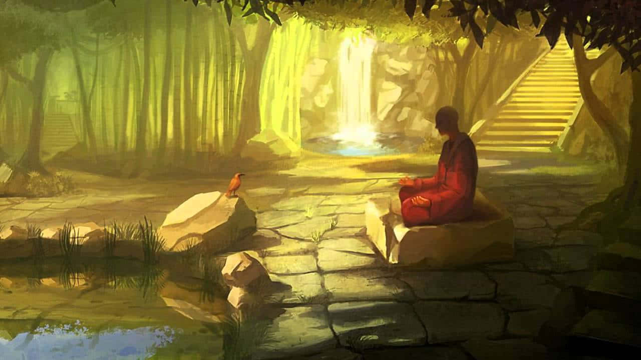 一位僧侶在瀑布附近的森林中冥想，附近有一隻鳥棲息。