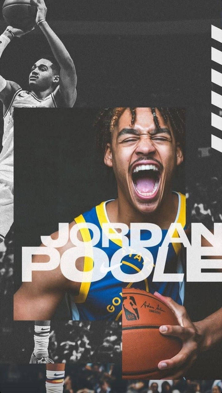 籃球運動員Jordan Poole在拼貼畫中拿著籃球大喊。