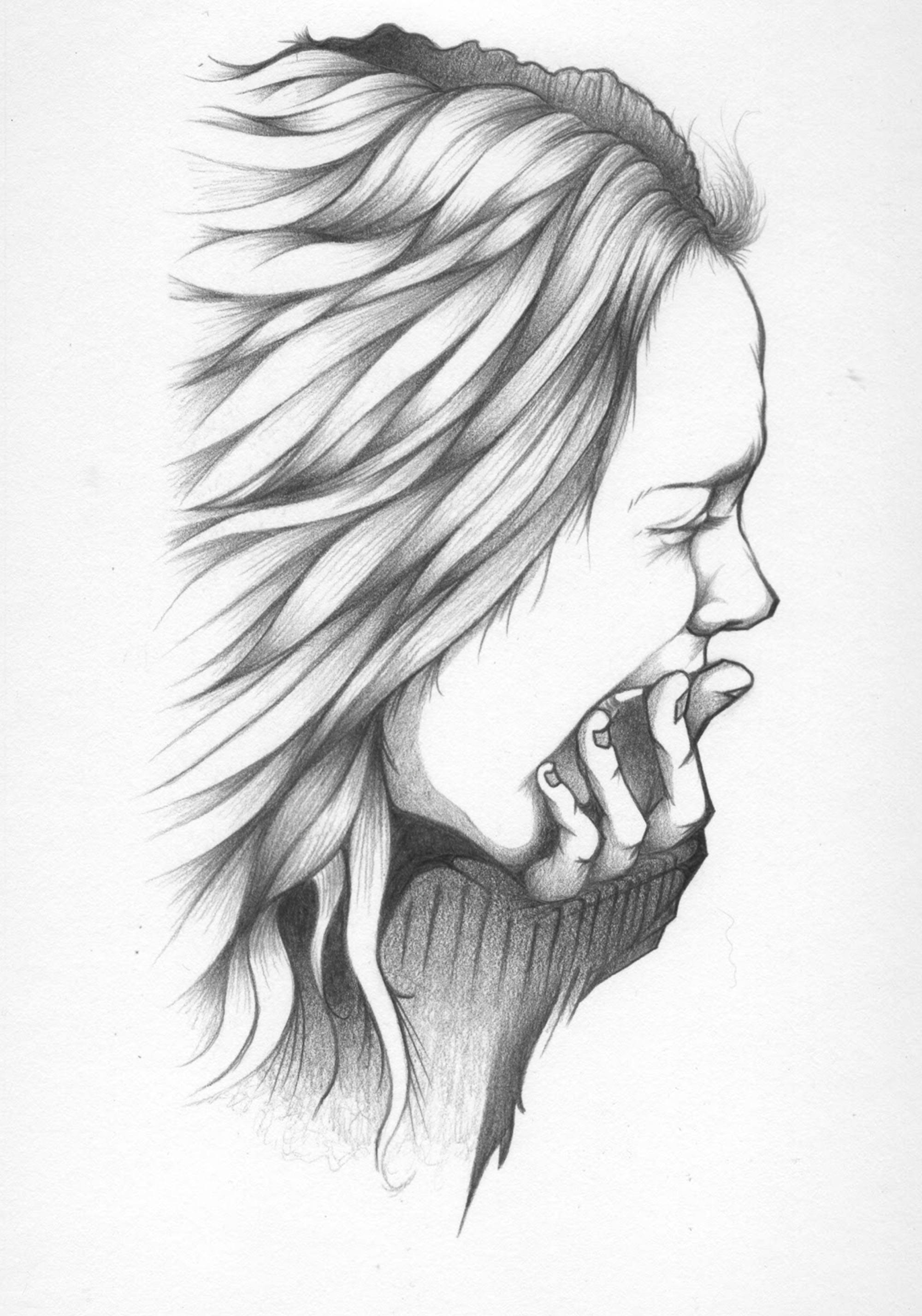 尖叫的悲傷畫作 壁紙 — 一幅詳細的鉛筆素描，描繪一位側面打呵欠的女性，頭髮被風吹起，手靠近嘴巴。
