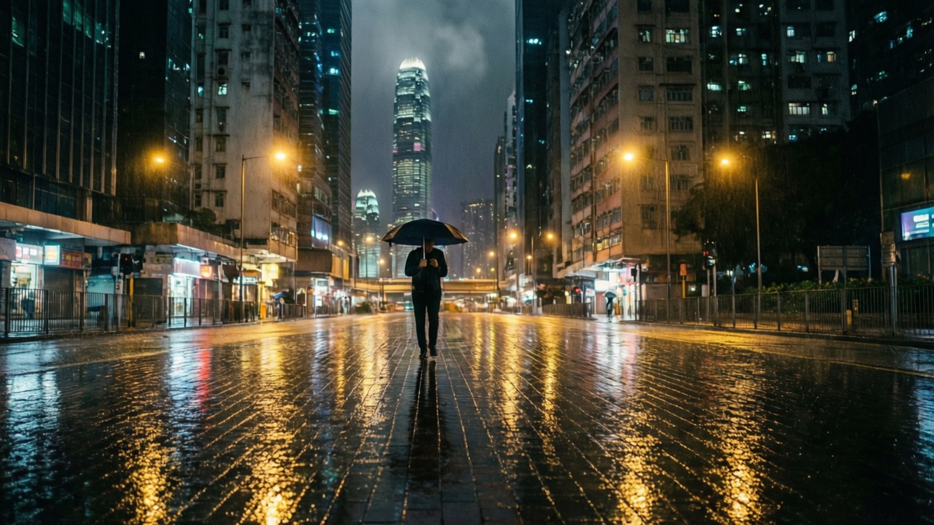 夜晚在濕漉漉的城市街道上，一個人在雨中撐傘獨行。